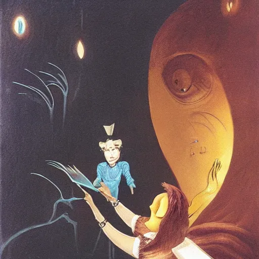 Prompt: Alice in Wonderland petting the head of the cheshire cat by Remedios Varo, dramatic lighting lighting