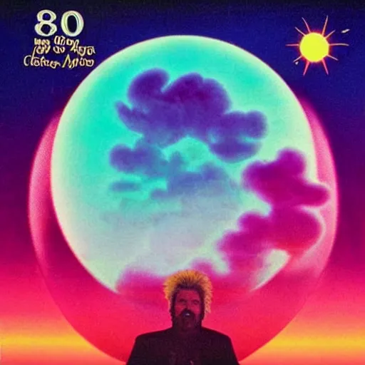 Image similar to 8 0 s new age album cover depicting a fluffy pink cloud in the shape of guy fieri, very peaceful mood