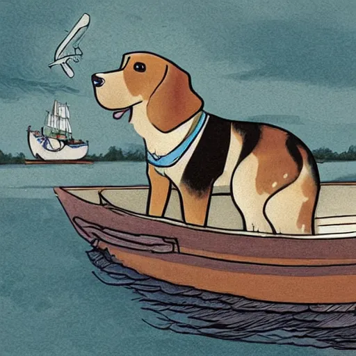 Prompt: a masterpiece detailed illustration of a cute dog on a boat. the scene is detailed and beautiful. the illustration combines the style of michael foreman and jane clarke. 3 / 4 view.