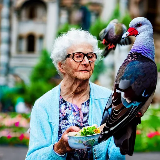 Image similar to An elderly woman feeding pigeons in Tivoli park in Ljubljana, professional photography