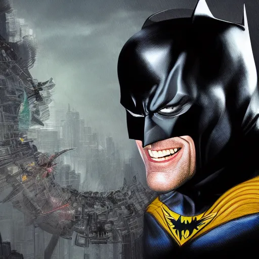 Image similar to Jim Carrey is Batman, hyperdetailed, artstation, cgsociety, 8k