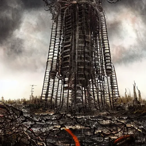 Image similar to giant evil bio-organic fleshy complex machine tower with tendrils and one eyeball at the top looking over a stormy post-apocalyptic wasteland, dystopian art