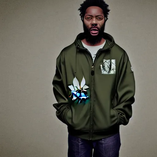 Prompt: black man with afro hair and raspy beard stubble, wearing an army green adidas jacket by dave mckean