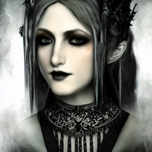 Image similar to full length portrait of a woman with timeless beauty & breathtaking eyes dressed in gothic attire, intricate, elegant, DSLR 8K, biblical art, realism, incomprehensible detail, final fantasy & silent hill aesthetic, photorealistic, lifelike, created by Razaras on deviantart