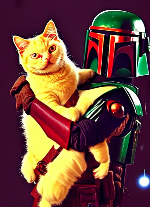 Prompt: boba fett holding a fat ginger cat in his arms, star wars, beautiful glowing lights, sci - fi, stunning, intricate, elegant. highly detailed, film still.
