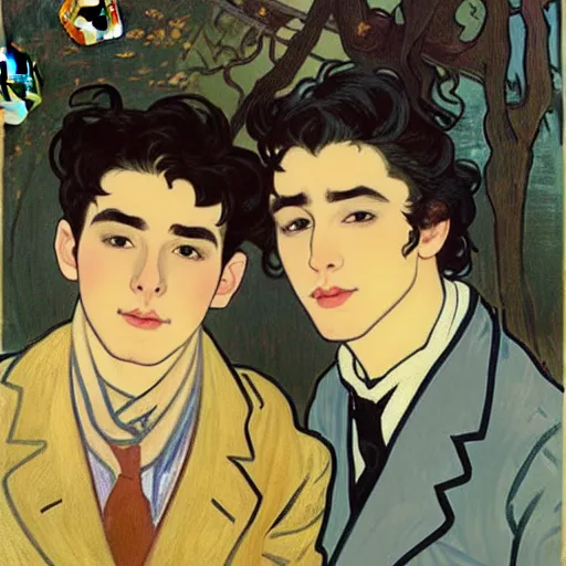 Prompt: painting of young cute handsome beautiful dark medium wavy hair man in his 2 0 s named shadow taehyung and cute handsome beautiful min - jun together at the halloween! party, bubbling cauldron!, candles!, smoke, autumn! colors, elegant, modest, wearing suits!, delicate facial features, art by alphonse mucha, vincent van gogh, egon schiele