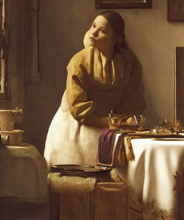 Image similar to a highly detailed, beautifully lit portrait of a pretty, young alicia jessica vikander alba sitting at a table by an open window, oil painting portrait by vermeer