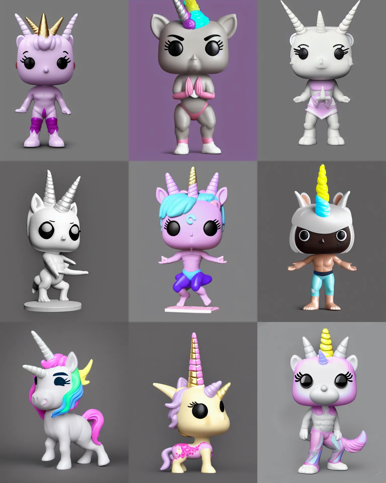 Prompt: full body 3 d render of yoga unicorn as a funko pop!, studio lighting, grey background, single body, no shadow, blender, trending on artstation, 8 k, highly detailed