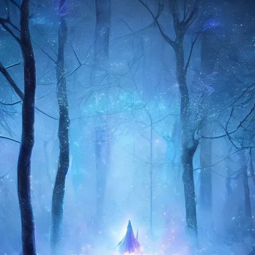 Prompt: beautiful picture of a magical lights glowing different colours everywhere in the centre of blizzard in an enchanted beautiful forest, fantasy art, trending on artstation, cgsociety, nice composition, great fantasy mood