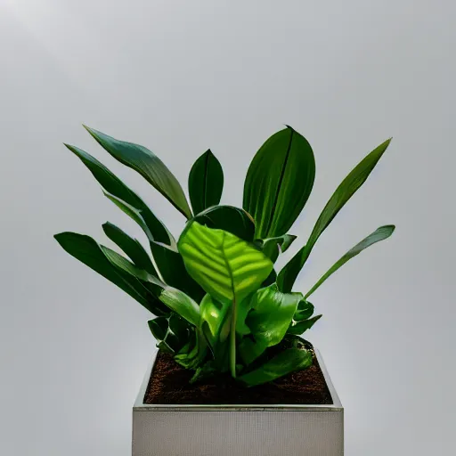 Prompt: an ultra high definition professional studio quality photograph of a transparent iridescent perspex pastel coloured jungle plant on a plinth in an empty white room. dramatic lighting, ray tracing, refraction, shallow d. o. f, colour corrected, golden ratio, three point light. volumetric shadows. god rays.