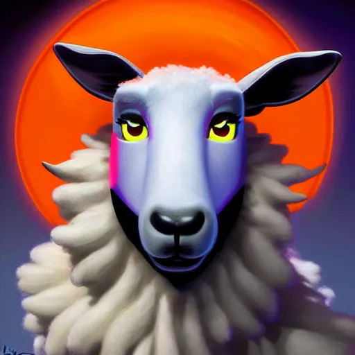Image similar to pixar character, wolve in sheep's clothing, neon accents, holographic colors, desaturated headshot portrait digital painting by leyendecker,