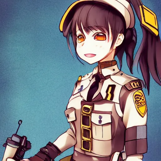 Prompt: anime girl steampunk officer, full body portrait, polaroid photograph, cinematic lighting, brown uniform, anime, studio ghibli, finely detailed,