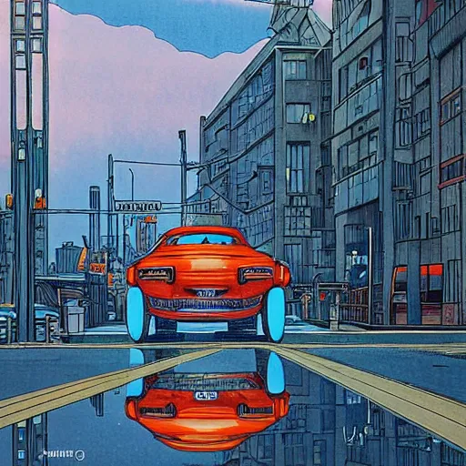 Prompt: a tall man standing next to a huge car in a street, tokyo city in the background, people walking in the distance, reflections on wet streets, dieselpunk style, steampunk, art by jean giraud and juan gimenez ; architecture by francois schuiten, beautiful illustration, drawing, painting, clean lines, digital art, symmetric, colorful retrofutur, artstation