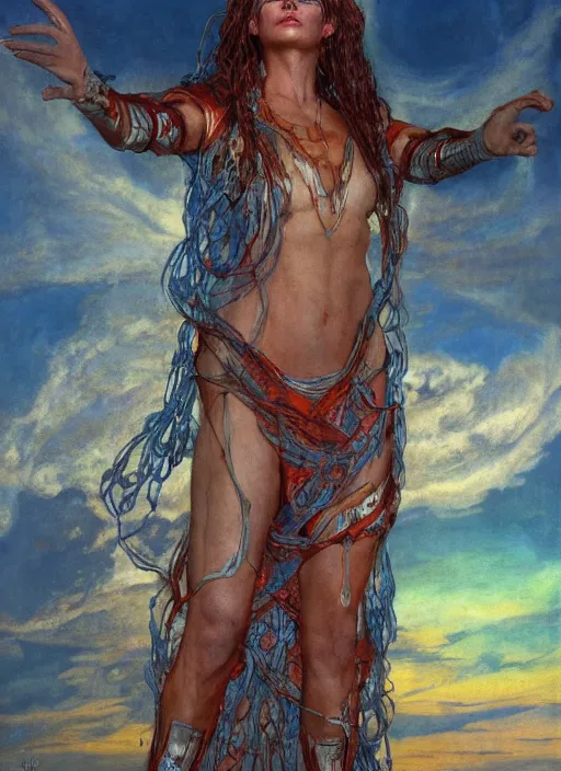 Prompt: biblical beautiful female druid android with transparent skin, bright glowing veins, in clouds, sunset, studio light, by mikhail vrubel, by gerald brom, by peter elson, muted colors, extreme detail, reflections, trending on artstation, 8 k