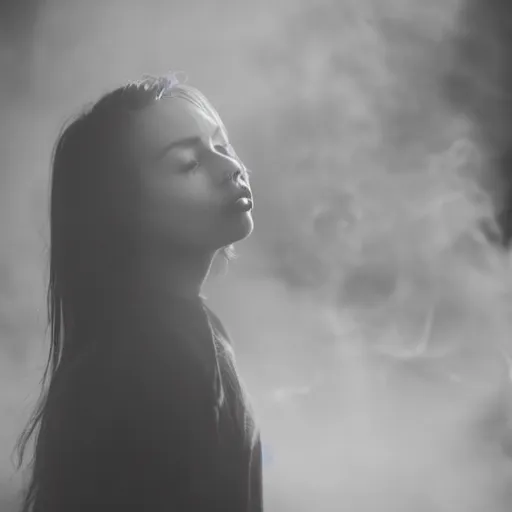 Prompt: a photo of a beautiful girl with cracked skin surrounded by smoke,, 5 0 mm lens, f 1. 4, sharp focus, ethereal, emotionally evoking, head in focus, volumetric lighting, blur dreamy outdoor,