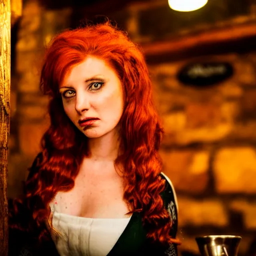 Image similar to beautiful bar maid with auburn hair, in a medieval tavern at night, dramatic, cinematic, filmic, 7 5 mm, f / 1. 8