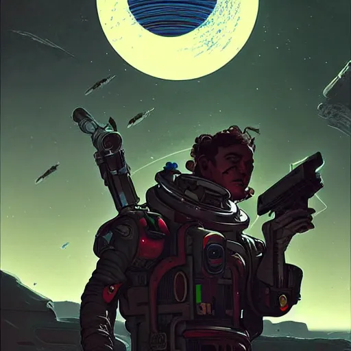 Prompt: a space opera mercenary character in a scenic environment by martin ansin and sabbas apterus