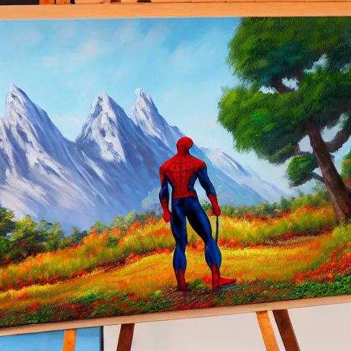 Image similar to a closeup photorealistic photograph of bob ross working on a canvas painting of spiderman. film still. brightly lit scene. mountains and trees. this 4 k hd image is trending on artstation, featured on behance, well - rendered, extra crisp, features intricate detail, epic composition and the style of unreal engine.