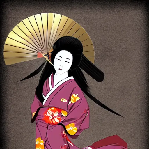 Image similar to beautiful japanese geisha wielding a fan as her blade, digital art