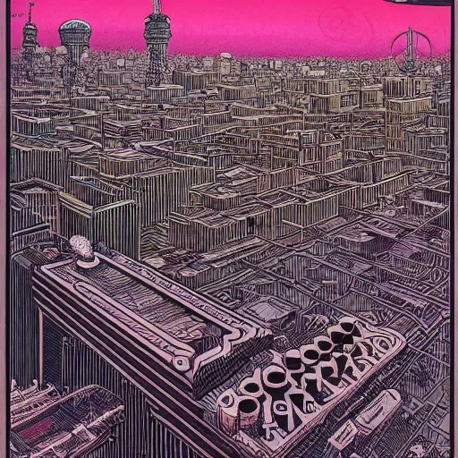 Prompt: Tehran city in retro science fiction cover by Moebius, vintage 1960 print, inked, detailed, trending on artstation