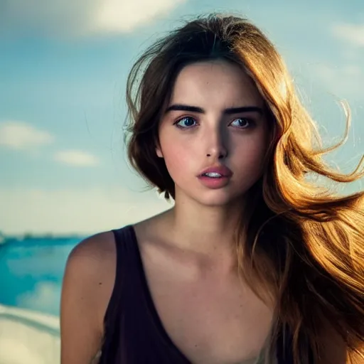 Image similar to a masterpiece portrait photo of a beautiful young woman who looks like ana de armas, symmetrical face, random background scene