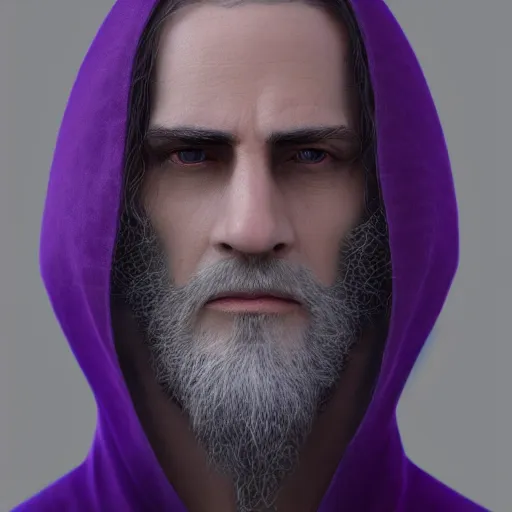 Image similar to a highly detailed portrait of a man without a beard, purple eyes, light gray long hair, wearing a black cloak, artstation, DeviantArt, professional, octane render