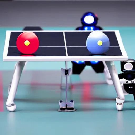 Image similar to two robots playing table tennis on a futuristic table tennis table, amazing detail, photorealistic