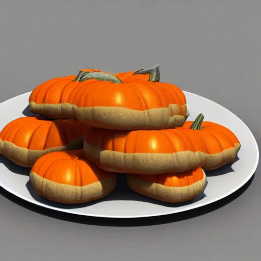 Image similar to 3 d cartoon style full view of a plate with 3 delicious 3 d pumpkin turnovers with glazing in the style of disney and pixar, c 4 d, farmville