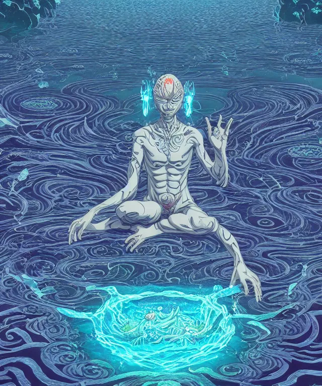 Image similar to a water demon meditating surrounded by power sigils, centered composition, crisp 8 k line art, digital painting, artstation, unreal engine, octane render, emissive lighting, concept art, matte, sharp focus, hyper realistic lighting, illustration, art by shintaro kago and victo ngai