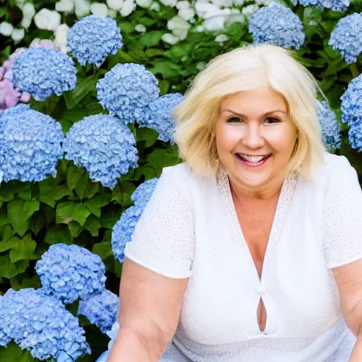 Image similar to 6 0 year old curvy blonde woman, welcoming grin, surrounded by hydrangeas, with a small white happy dog at her side, portrait, headshot, detailed, high quality