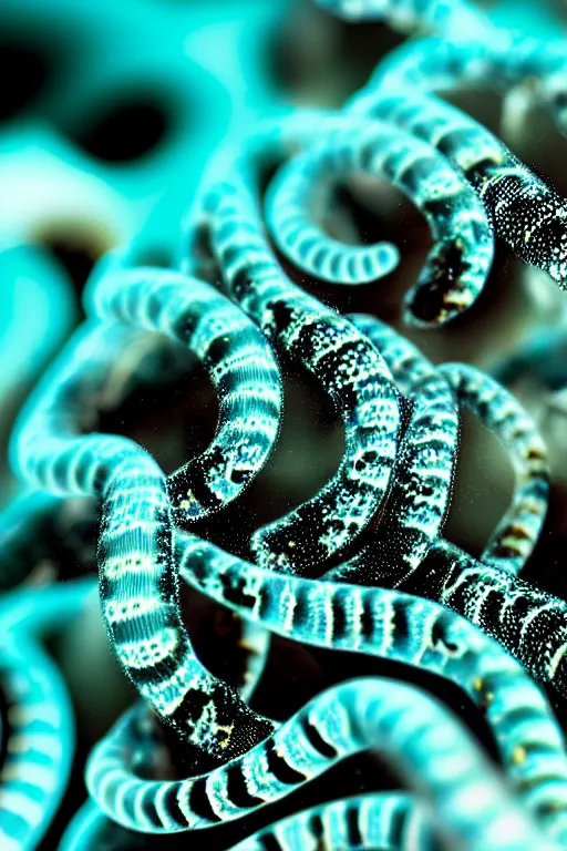 Image similar to high quality close-up photo translucent biomechanic worms! gorgeous black dots highly detailed hannah yata elson peter cinematic turquoise lighting high quality low angle hd 8k sharp shallow depth of field