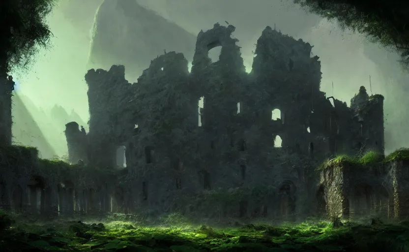 Prompt: ruins of an old castle covered by plants with moody and cinematic lighting by greg ruthkowski and craig mullins, cinematic and atmospheric, concept art, artstation, trending on artstation