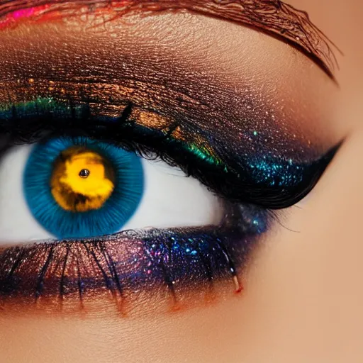 Image similar to close view of an eye of a woman with complex makeup, gems, gold, bright colors ultrawide lens, details, studio lighting, realism, complex lights