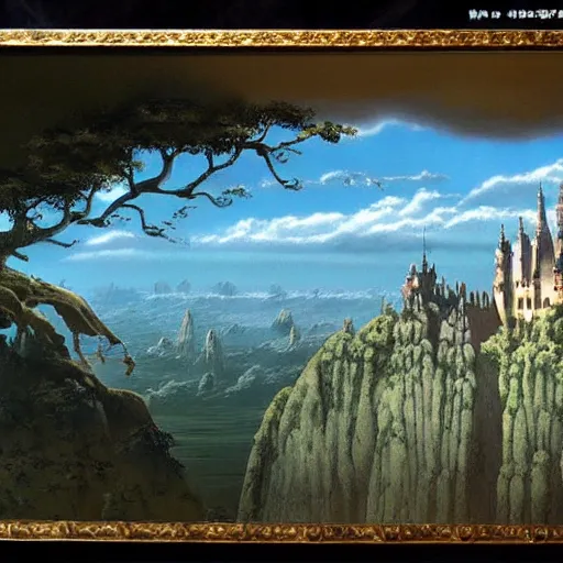 Prompt: A beautiful detailed landscape matte painting of Castle in the Sky, by Hayao Miyazaki