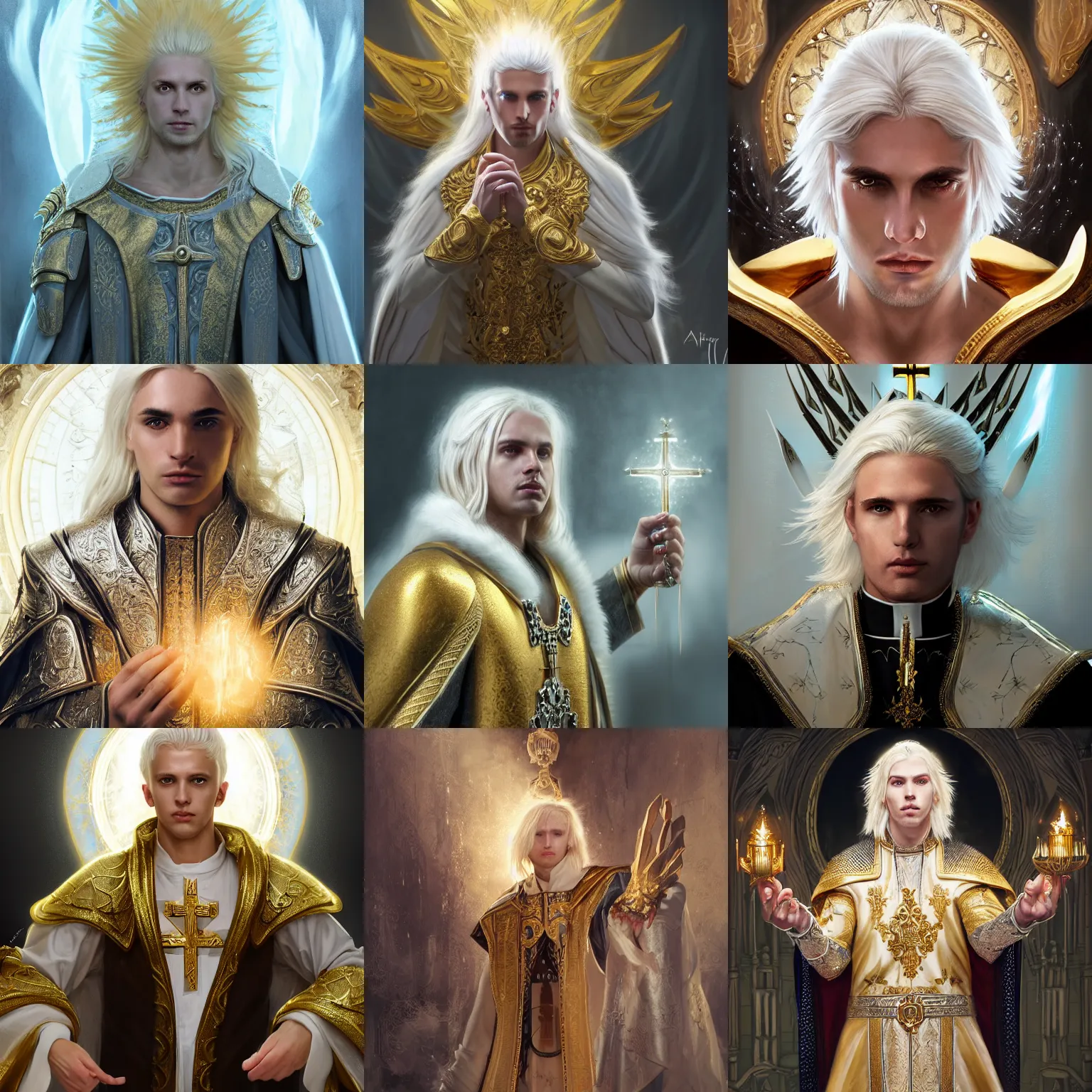 Prompt: extreme closeup portrait of an aasimar man with platinum blonde hair wearing white and gold and black vestments under armor casting a holy ritual with golden magic, detailed, realistic, Greg Rutkowski, 4k, pensive, dungeons and dragons, dramatic lighting, trending on Artstation, sharp focus, elegant