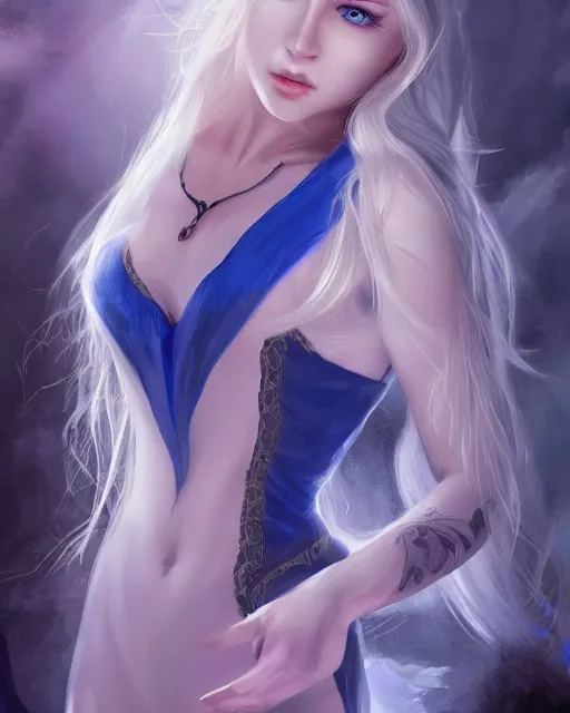 Image similar to A beautiful mysterious girl with cobalt-blue eyes and silky white hair, guitar shape build, her wardrobe is attractive, full body, fantasy art, in the style of Stanley Lau, illustration, epic art, fantasy, intricate, elgant, amazing detail, digital painting, artstation, concept art, smooth, sharp focus