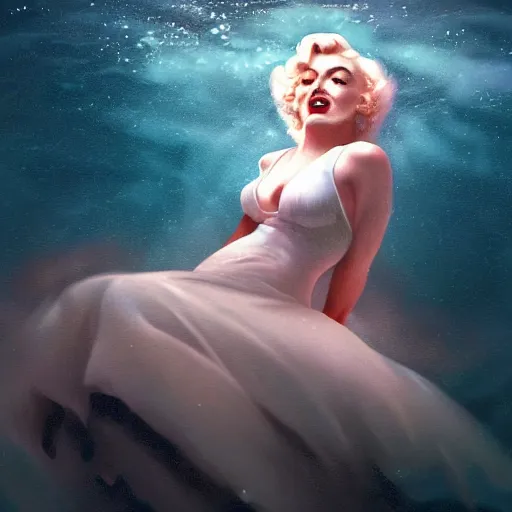 Image similar to Marilyn Monroe, underwater in the ocean at night, dark water, volumetric lighting, glowing lights, 4k, octane, digital painting, artstation, concept art, sharp focus, illustration, cinematic film still, art by artgerm and greg rutkowski and alphonse mucha , wide angle view,