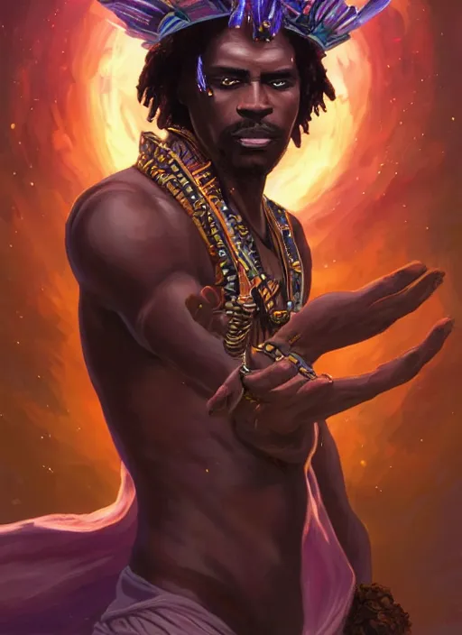 Prompt: handsome black man casting magical spells with powerful crystals, afrikan tribal voodoo headdress and kemetic imagery, digital painting artstation, concept art, matte, sharp focus, illustration, dramatic exploding nebulae, hearthstone, art by artgerm and greg rutkowski and alphonse mucha