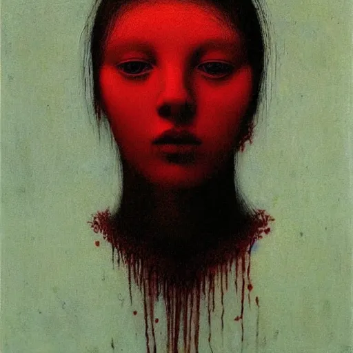 Image similar to portrait of pale white young teen girl in old red dress with black dark short hairs by Beksinski