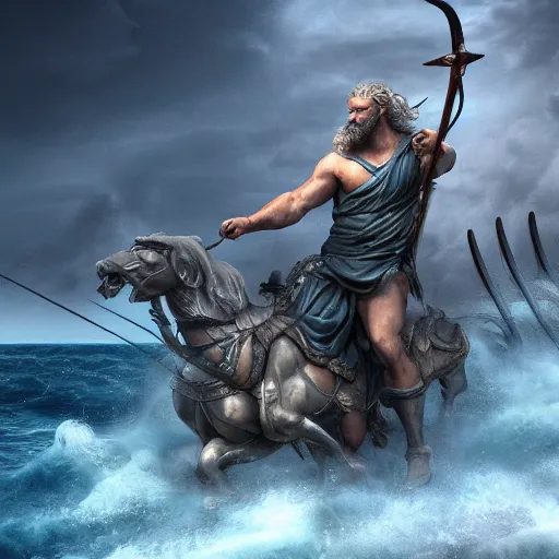 Image similar to Poseidon riding a chariot pulled by hippocampi while holding his trident, 4K detail, artstation