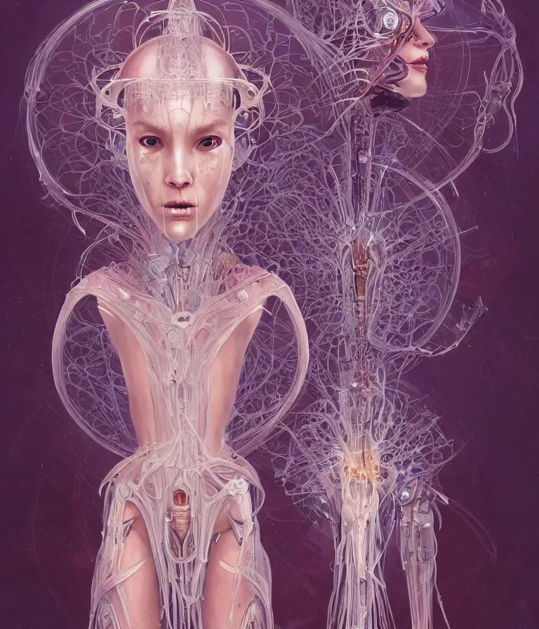 Image similar to fully symmetrical centered portrait of a beautiful princess in robe. artificial muscles, ribcage, bones, hard surface modelling. cyberpunk look. biomechanical mask. bio luminescent biomechanical halo around head. jellyfish. artwork by jarold Sng by artgerm, by Eddie Mendoza, by Peter mohrbacher by tooth wu by alfons mucha, unreal engine, octane render, cinematic light, iridescent details, iridescent colors, dichroic, macro, depth of field, blur