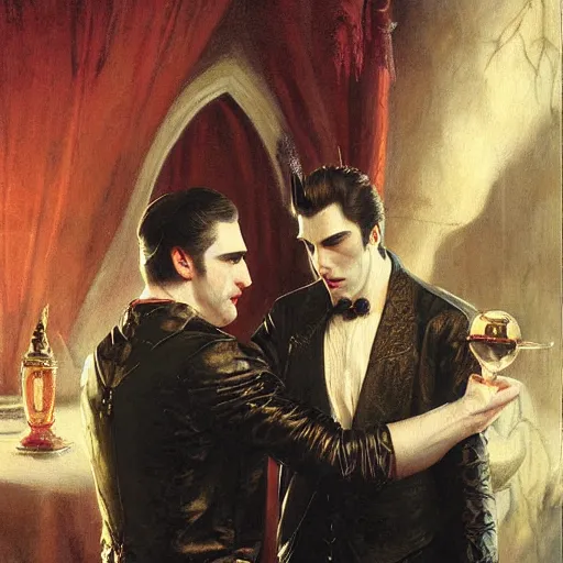 Image similar to attractive male, arthur pendragon confesses his love to attractive male dracula the vampire. highly detailed painting by gaston bussiere, craig mullins, j. c. leyendecker 8 k