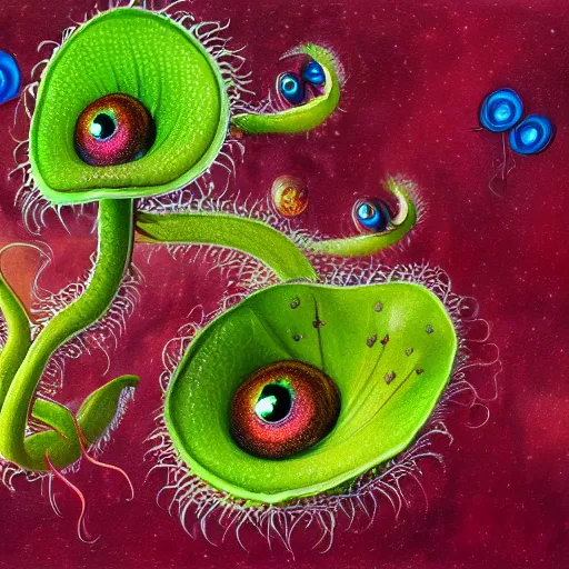 Image similar to cute anthropormorphic furry carniverous plants venus fly trap with large round eyes with long eyelashes and big teeth detailed painting 4 k