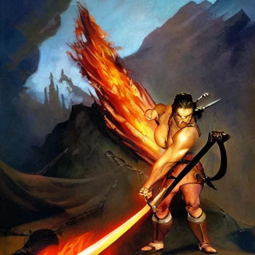 Image similar to a sword where the blade is a fire tornado, painting by frank frazetta, highly detailed, high quality, 8 k, soft lighting, realistic face, path traced