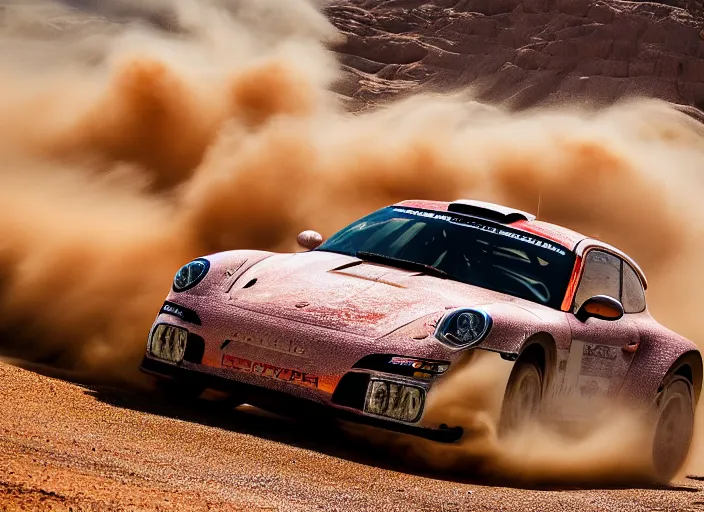 Prompt: high speed sport photography of rallye porsche in desert, massive sandstorm like extremely huge wave in background, motion blur, wide lens