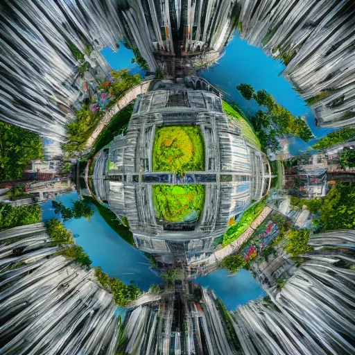 Prompt: Bustling photorealistic!!! utopian city reimagined by Max Hay, inverted fisheye lens!!!, eyelevel!!! view!!! photography, trending on artstation, 4k, 8k, lens distortion, chromatic aberration, soft focus blur, photorealistic imagery, photorealistic details, intricate, highly detailed, artstation 3d, artstation render, artstation 3d render, 3d art, unreal engine 3d, octane 3d, blender 3d, 3d landscape