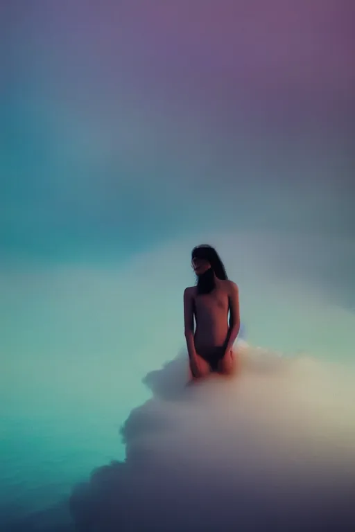 Image similar to high quality pastel coloured film close up wide angle photograph of a model wearing clothing swimming on cloud furniture in a icelandic black rock!! environment in a partially haze filled dreamstate world. three point light, rainbow. photographic production. art directed. pastel colours. volumetric clouds. pastel gradient overlay. waves glitch artefacts. extreme facial clarity. 8 k. filmic.