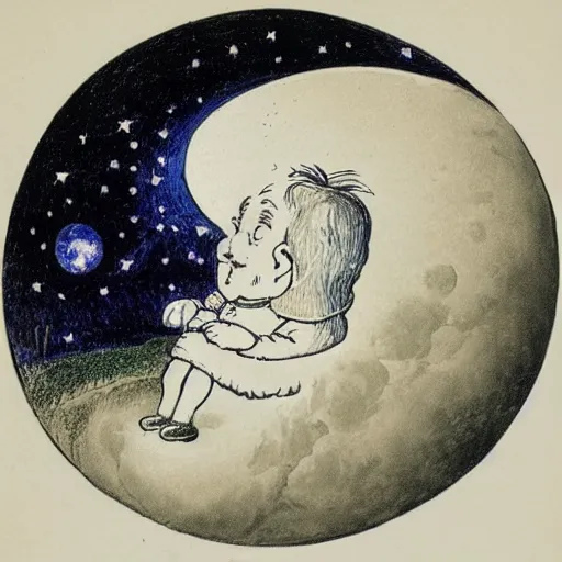 Prompt: dan morris celestial talking moon portrait, side view, surrounded by clouds, illustrated by peggy fortnum and beatrix potter and sir john tenniel