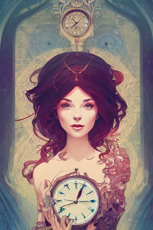 Prompt: portrait of the lady of time, clocks, intricate design, sharp features, detailed background, ambient lighting, 4 k, lois van baarle, ilya kuvshinov, rossdraws, alphonse mucha, jung gi kim, artstation