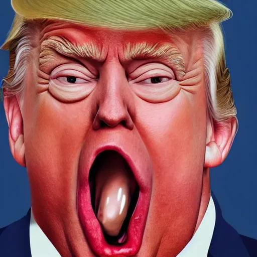 Image similar to Hyperrealistic portrait of sweaty Donald Trump with mouth wide open and spittle spraying, very detailed, 8k, portrait, oil painting